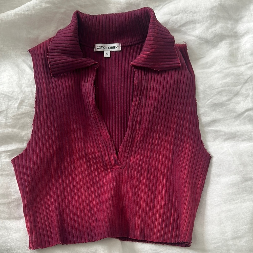 Cotton Citizen Red Sleeveless Ribbed Polo Tank